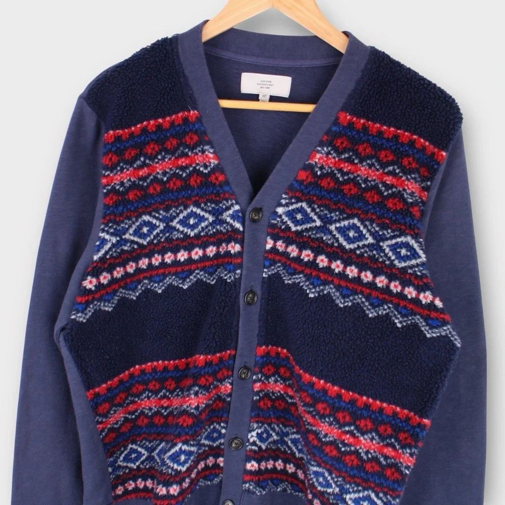 Jack Spade Bleecker Street Fair Isle Fleece Cardigan Sweater Men's Medium Navy - Picture 2 of 4
